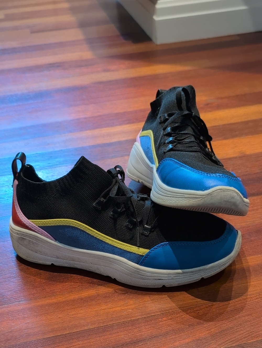 Black Knit Rainbow-Accent Platform Sneakers